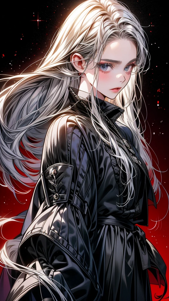 One Beautiful girl、unique long hairstyle 、ash grey hair color , blue eyes、small face、anime makeup、"A girl with a cute and androgynous face"、white skin、cute eyes、Very thin eyebrows、tall、stylish black luxury fashion、stylish outfits 、、19 years old、British girl、Has a languid look、anger、Lower the corners of your mouth with no expression on your face、Photographed from the side diagonally、model photoshoot、masterpiece、highest quality、high resolution、luxurious 、glaring expression、korean makeup 、Cool photos、blurred black filter, black suit , arms tattoos、Various poses、rich , handsome girl, an expression of despair, lifeless eyes , cruch, vampires girls