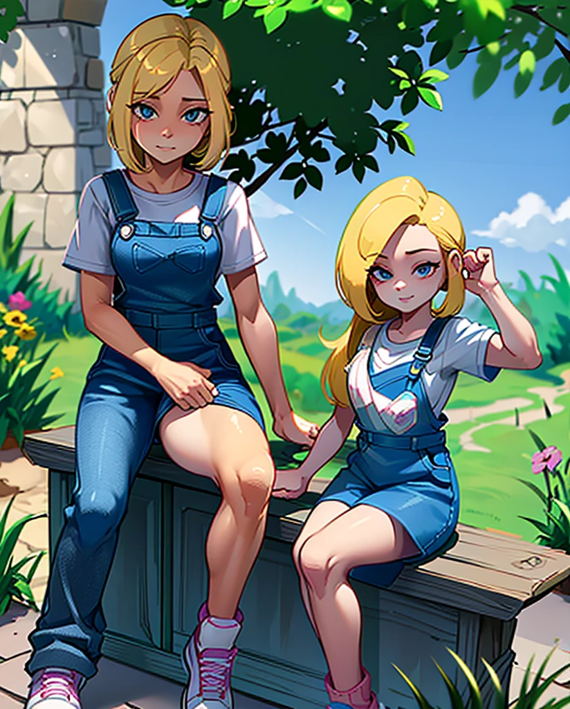 beautiful girl, long light yellow hair, Horse tail, blue eyes, White shirt, with blue overalls, pink tennis shoes, sitting, sitting al aire libre, in the countryside, happy, expresión happy,