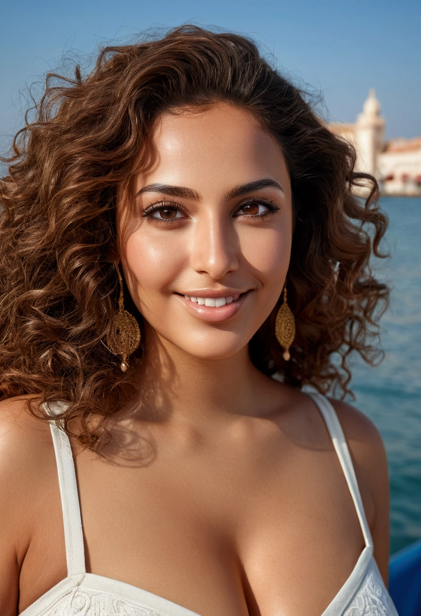 Beautiful Moroccan woman with dark brown eyes., 28 years old, Woman without clothes, full body view, in a boat, almond eyes, oval face shape, plus size body, extra large body, XXL body, prominent cheekbones, Naturally wavy hair, High resolution, masterpiece, Best Quality, Complex details, Very detailed, sharpness, detailed skin texture, Eye details, profession, 4k resolution, charming smile, shooting with conon, depth of field, Kodak Vision Color, 100 kilos, extremely detailed, ultrarealistic photography ,realistic photo, post processing, maximum detail, true to life, Instagram Template.