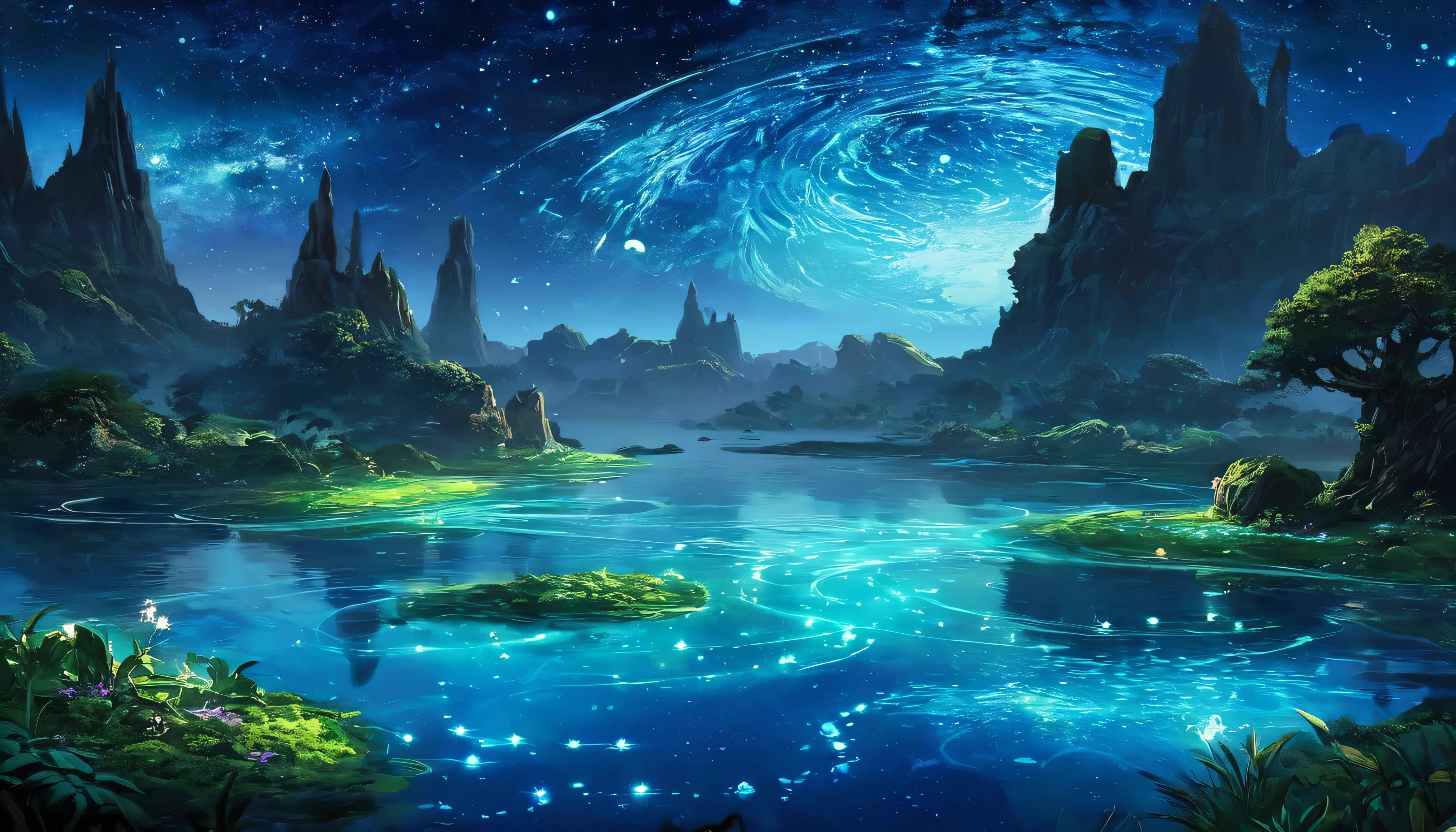 Design a serene, otherworldly landscape with bioluminescent plants and floating islands under a starry sky. Include a gentle river with crystal-clear water, reflecting the galaxy above. Add mythical creatures like dragons or fairies to enhance the magical atmosphere." 