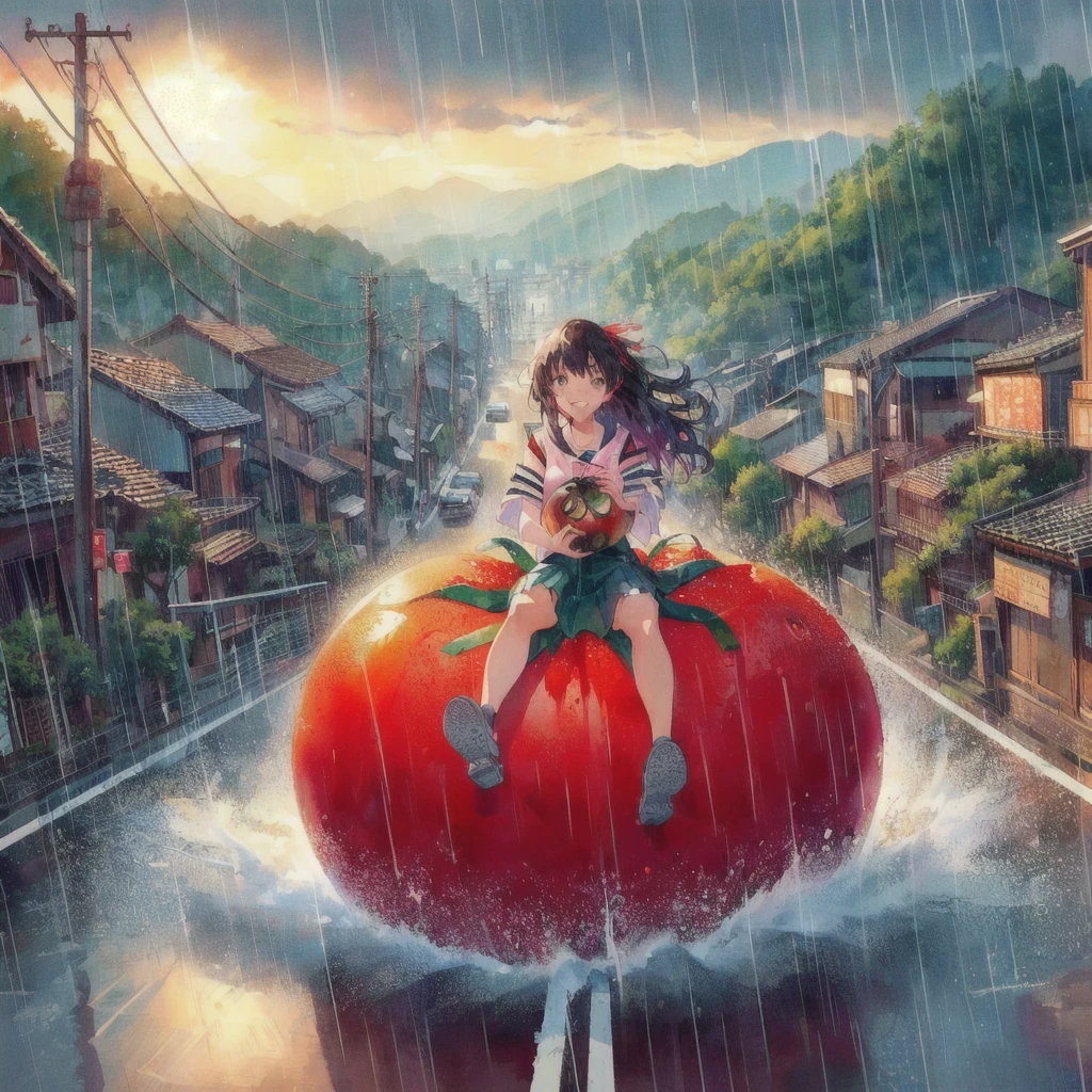 Anime girl sitting on a giant tomato in the rain, smile,Tomato Monster, シリル・ロランドとGoro Fujita, Realistic Anime 3D Style, Kuvisiato, Great food illustrations, 80s anime style,Ghibli art style, 3D spectacular illustration, Japanese manga style, Goro Fujita, Makoto Shinkai Cyril Rolland, Anime 3D Art