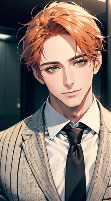 (Highest quality,4K,8K,High resolution,masterpiece:1.2),Super detailed,(Realistic,photoRealistic,photo-Realistic:1.37),1 person,31 years old,Mature Men,Beautiful skin、very handsome,Expressionless smile in love,Short  orange hair,green eyes,Sharp Eyes,A perfect face without a doubt,Businessman,Office Background,Cinema Lighting,HDR image,tie、