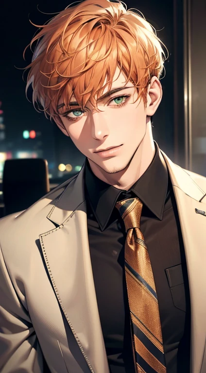 (Highest quality,4K,8K,High resolution,masterpiece:1.2),Super detailed,(Realistic,photoRealistic,photo-Realistic:1.37),1 person,31 years old,Mature Men,Beautiful skin、very handsome,Expressionless smile in love,Short  orange hair,green eyes,Sharp Eyes,A perfect face without a doubt,Businessman,Office Background,Cinema Lighting,HDR image,tie、