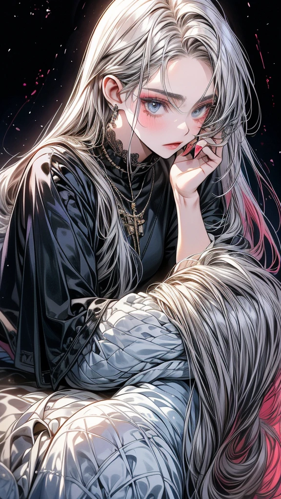 One Beautiful girl、unique long hairstyle 、ash grey hair color , blue eyes、small face、anime makeup、"A girl with a cute and androgynous face"、white skin、cute eyes、Very thin eyebrows、tall、stylish black luxury fashion、stylish outfits 、、19 years old、British girl、Has a languid look、anger、Lower the corners of your mouth with no expression on your face、Photographed from the side diagonally、model photoshoot、masterpiece、highest quality、high resolution、luxurious 、glaring expression、korean makeup 、Cool photos、blurred black filter, black suit , arms tattoos、Various poses、rich , handsome girl, an expression of despair, lifeless eyes , cruch, vampires girls