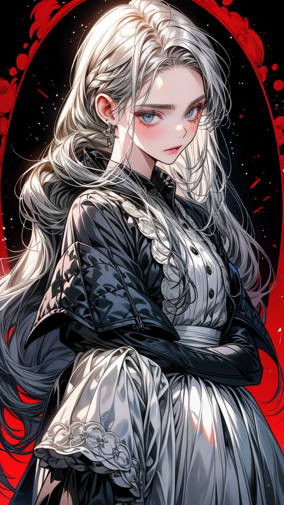 One Beautiful girl、unique long hairstyle 、ash grey hair color , blue eyes、small face、anime makeup、"A girl with a cute and androgynous face"、white skin、cute eyes、Very thin eyebrows、tall、stylish black luxury fashion、stylish outfits 、、19 years old、British girl、Has a languid look、anger、Lower the corners of your mouth with no expression on your face、Photographed from the side diagonally、model photoshoot、masterpiece、highest quality、high resolution、luxurious 、glaring expression、korean makeup 、Cool photos、blurred black filter, black suit , arms tattoos、Various poses、rich , handsome girl, an expression of despair, lifeless eyes , cruch, vampires girls