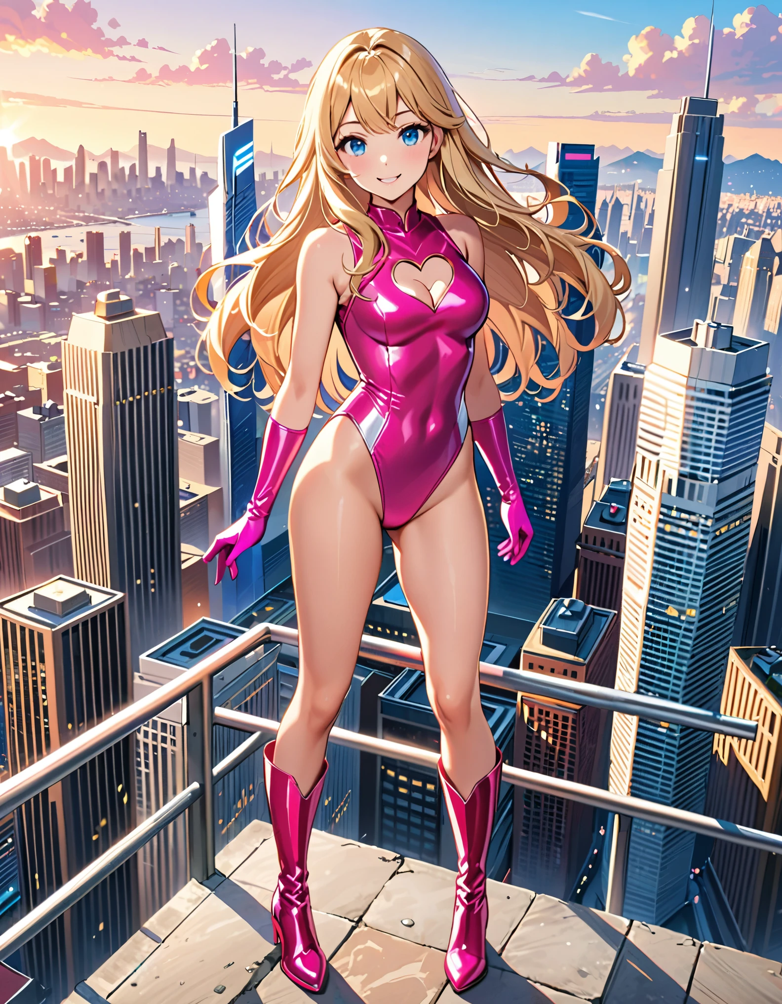masterpiece, best quality, highres, 1girl, solo, superhero, leotard, bare legs, matching boots, sleeveless, looking at viewer, city backdrop, perfect hands, perfect eyes, perfect leotard, perfect legs, perfect arms, perfect fingers, medium , pink leotard, standing, (blonde hair), long hair, knee boots, blue eyes, heart cutout, cute face, hair down, bangs, sleeveless, pink gloves, pink footwear, cleavag, smile, full body with costume, :d
