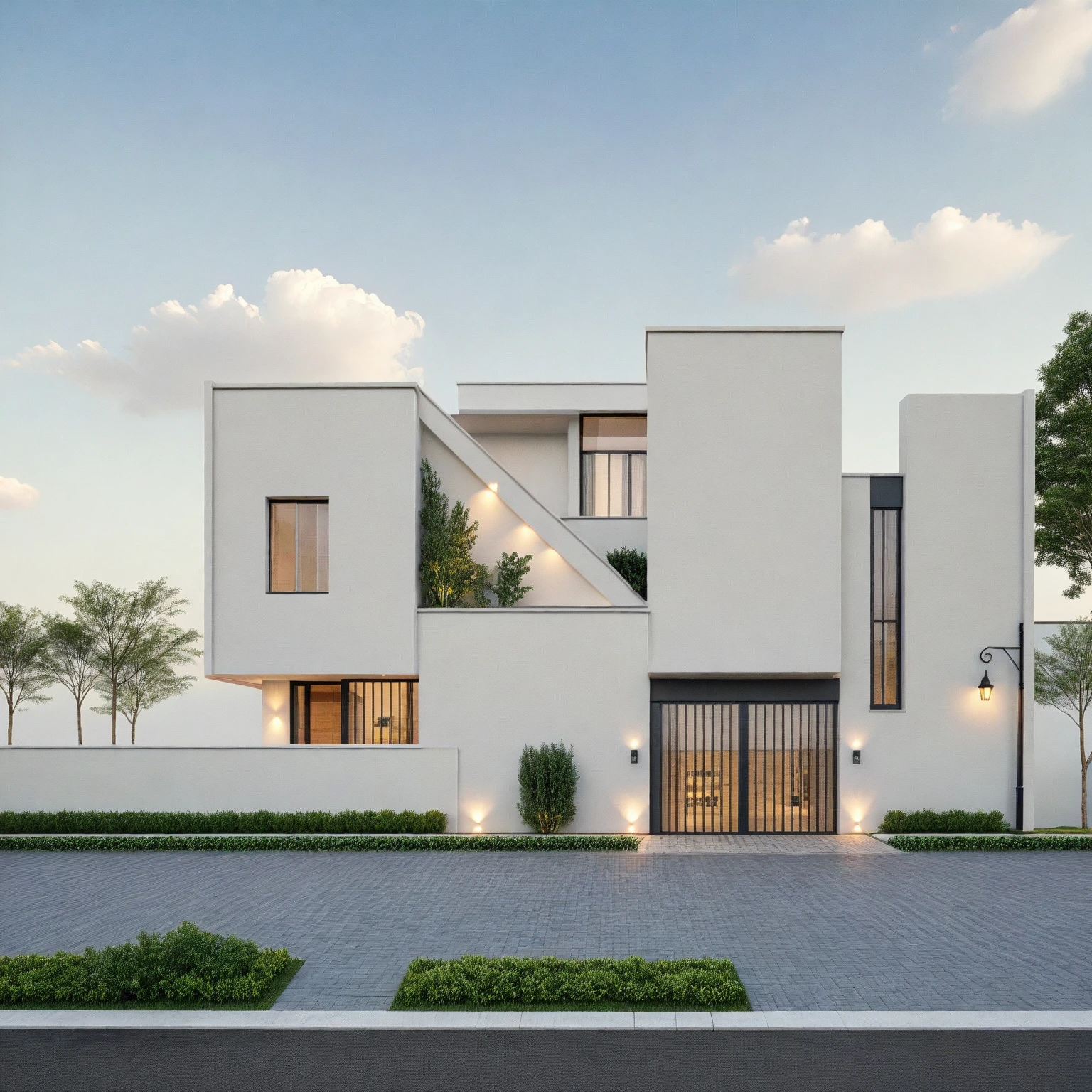 Architectural style Architectural style,  ((Classic Style House)),(masterpiece) , ((best quality)), dramatic lighting, high quality outdoors, sky, day, cloud, tree, blue sky, building, scenery, road, real world location,  sunlight, enough detail, high resolution,super realistic, Photorealistic, highly detailed, balcony, plants, door, car, truck, parking slot, paving, . Clean lines, architectural drawing, highly detailed  , . Clean lines, geometric shapes, minimalist, modern, architectural drawing, highly detailed