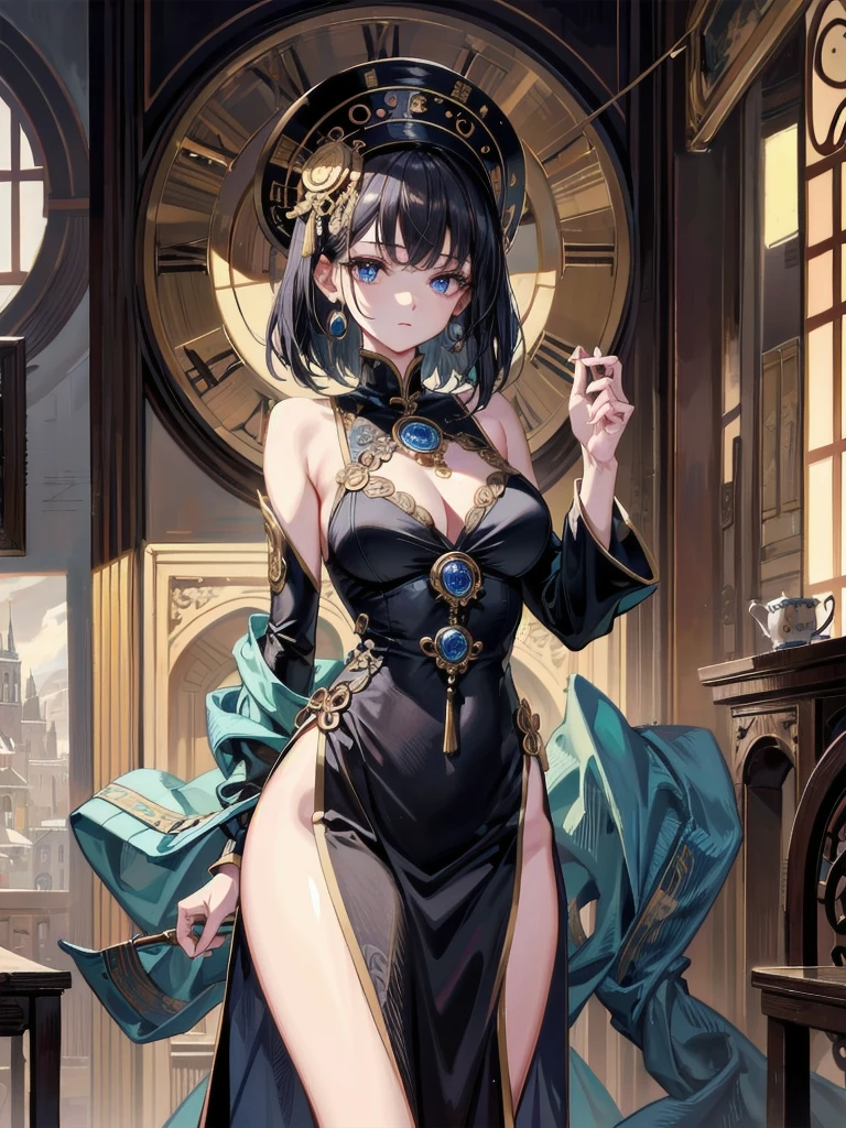 absurdres, RAW photo, extremely delicate and beautiful, masterpiece, Best Quality, ultra high resolution, 32k, hyperrealistic, ultra-detailed, Very detailed CG 8k wallpaper, detailed background, landscape, perfect anatomy, anatomically correct, perfect figure, Perfect Style, Perfect balance, super Detailed skin, in her 30s, very Slim body, narrow waist, very small head, very small face, delicate facial features, handsome detailed woman, very detailed eyes and face, realistic face proportions, Realistic beautiful face, Realistic beautiful eyes, tearful mole, earring, very huge round tits, whole body shot, medium hair, asymmetrical hair, indoor, jiangshi, qing guanmao,