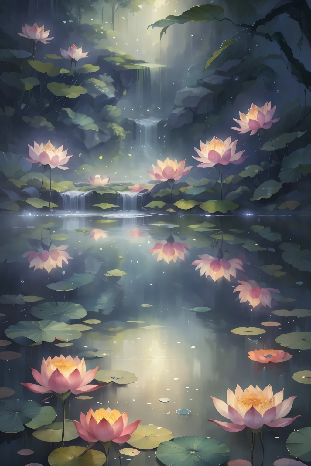 a beautiful pond with serene lotus flowers, (best quality,4k,8k,highres,masterpiece:1.2),ultra-detailed,(realistic,photorealistic,photo-realistic:1.37),stunning landscape,colorful lotus petals,tranquil water surface,vivid colors,cinematic lighting,soft natural light,mystical atmosphere,(revelation:1.1),exquisite digital painting,concept art,hyper realistic,detailed flora,studio quality