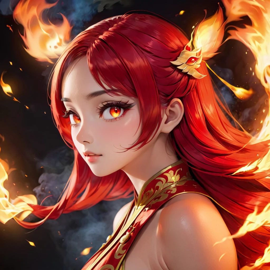 ((high quality, movie quality, best quality, extreme details, masterpiece detail eyes)), black background (full of fire), a beautiful oriental girl (20 years old), Oval face, Fire red hair shawl (elegant), Bright fiery red phoenix eyes, fiery red eyes,Wearing Han Dynasty phoenix costume, sideways, head (close up), 8k, The fire inside is burning, mirror style, Cinematic lighting,