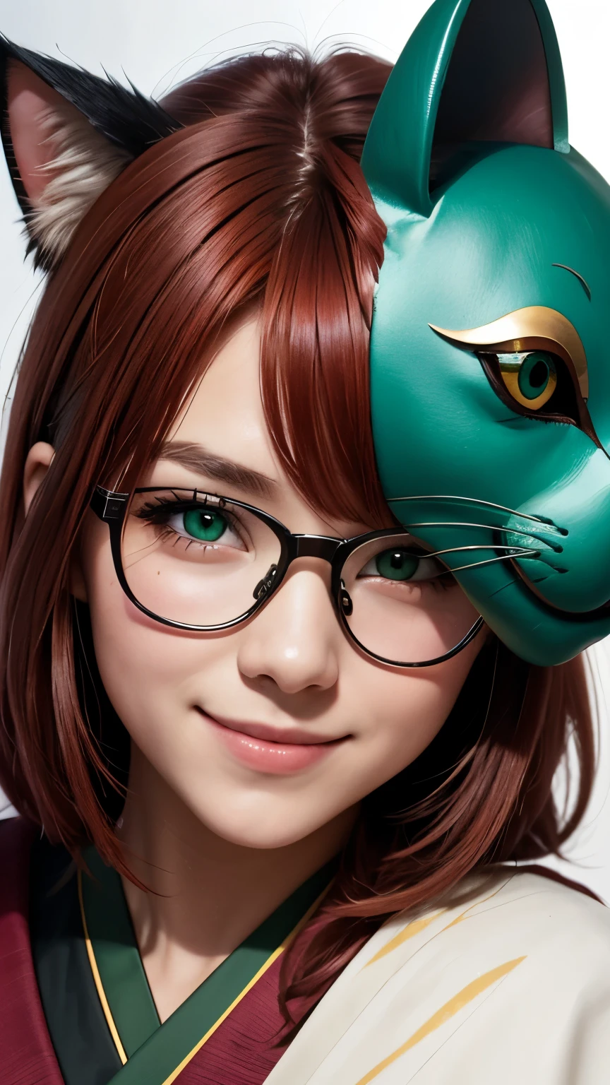 Proville. Carnival. Short, Red hair, green eyes, cat mask on the left side of the face, green kimono, smile, girl 15 years old, metal frame glasses. looks at me