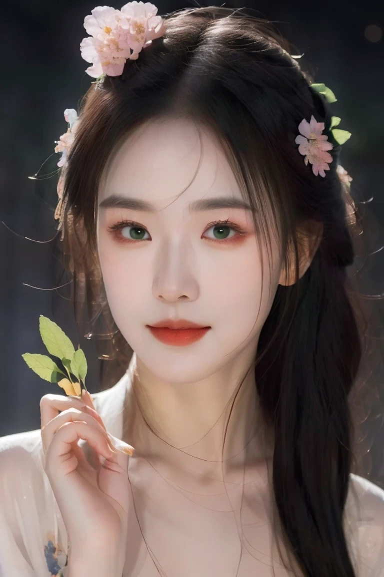 Xingxian，Apparition，apricot，Apricot blossoms on the head，Branches，Holding an apricot blossom，Smiling，Green makeup jadeite，Dan face Sai rouge。The starry eye is still bright，The moth eyebrows are beautiful and aligned。avatar，Face