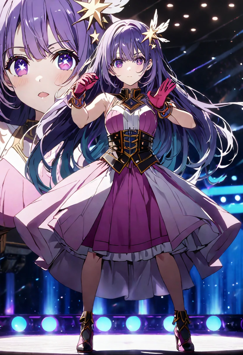 great quality ++ Extremely detailed high resolutionolution, very aesthetic, expressive eyes, (((perfect face))), (((face symmetrical))), ((good anatomy)), (((perfect hands))), (((8k))), UHD, HD wallpaper, (((detailed high cal, (((((1girl)))))), only, masterpiece, La Best Quality, high resolution, Highly detailed, (illustration), beautiful detailed eyes, (((combatant))), (((((1girl))))), ((((fullbody)))), (((((Miku Izayoi))))), ((((((((purple hair)))))))), ((((((((purple eyes)))))))), (((rvcm_duotone3_haiRstyle))), (((agglutination))), Combination, (((mature female))), (((bangs))), (((blunt bangs))), (((hime cut))), (((hair ornament))), (((Idol))), (((Concert))), (((dome))), (((dancing))), (((Singing))), (((star-shaped pupils))), ((((purpler hair)))), (((purple eyes))), (((pink dress))), (((Sleeveless Dress))), (((pink gloves))), (((pink thighhighs))), (((belt))), (((narrow shoulders))), (((narrow waist))), (((They are smiling))), Long hair, huge, garden of a castle, (((mature female))), masterpiece, Best Quality, ((masterpiece)), ((best calidra derailed)), Upper part of the body, (((face to face look))),
