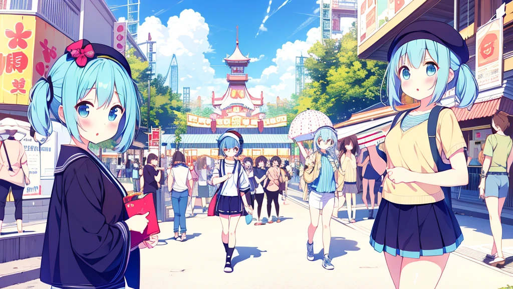 masterpiece、Superior image quality、超High resolution、Miku Hatsune、blue hairs、two-tailed、blush、mock、Open your mouth a little、casual clothes、casual miniskirt、Wearing a small beret、japanese amusement park