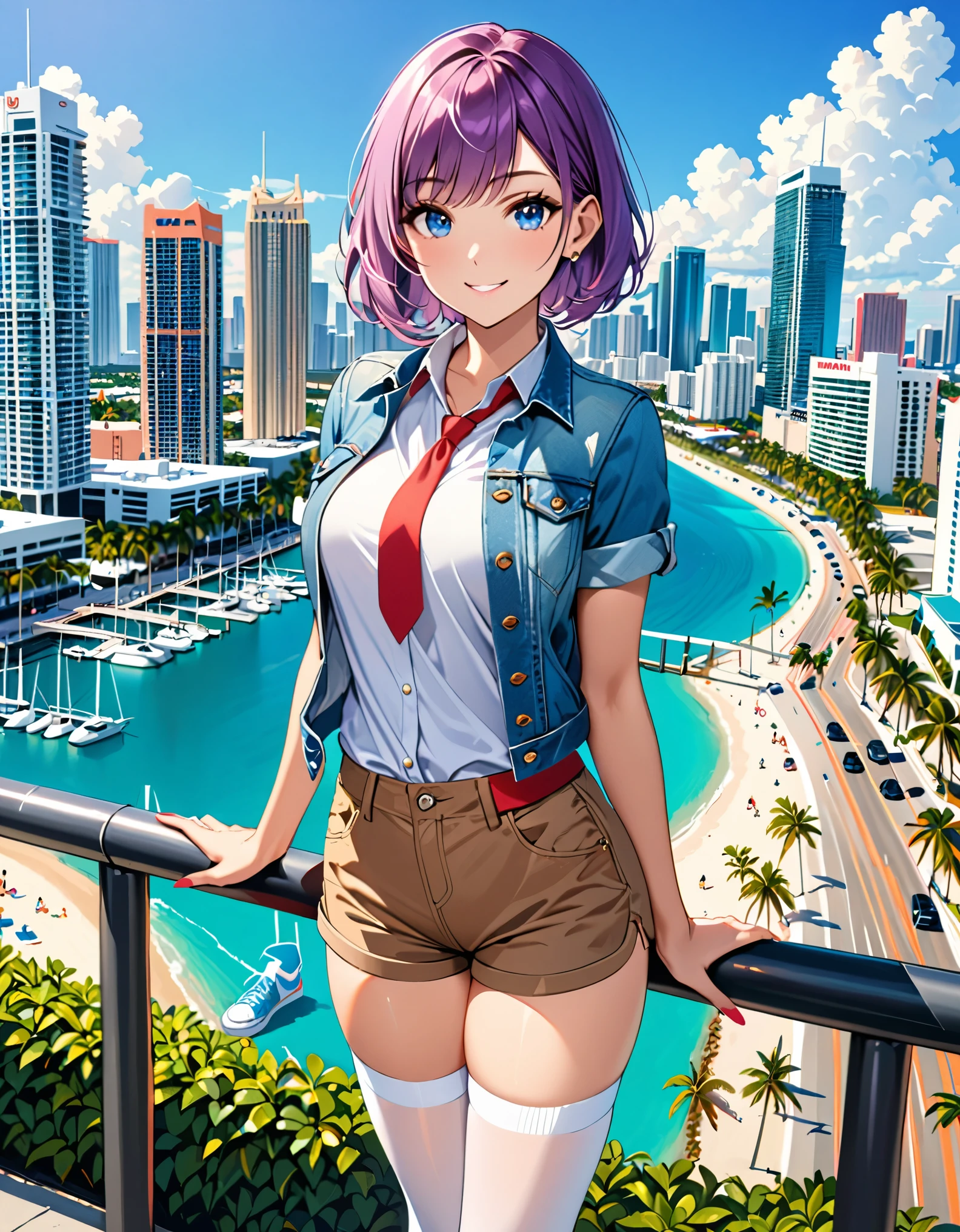 ((masterpiece)), ((best quality)), ((high res)), 1girl, bangs, blue eyes, perfect eyes, beautiful detailed eyes, beautiful detailed face, cute face, perfect legs, perfect arms, perfect hands, complete fingers, perfect anatomy, perfect proportions, medium breasts, brown shorts, miami city backdrop, collared shirt, denim jacket, looking at viewer, red necktie, open clothes, outdoors, purple hair, shirt, shoes, short hair, short shorts, short sleeves, shorts, smile, sneakers, casual, smile, single, solo, solo focus, standing, thighhighs, white legwear, white shirt, full body with costume, :d