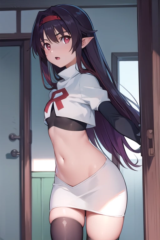 yuukikonno, yuuki konno, hairband, long hair, pointy ears, purple hair, (red eyes:1.5), (small breasts:1.2), open mouth,
BREAK team rocket,team rocket uniform,white skirt,red letter R,crop top,black thigh-highs,black elbow gloves,
BREAK looking at viewer,
BREAK outdoors, forest, nature,
BREAK (masterpiece:1.2), best quality, high resolution, unity 8k wallpaper, (illustration:0.8), (beautiful detailed eyes:1.6), extremely detailed face, perfect lighting, extremely detailed CG, (perfect hands, perfect anatomy),