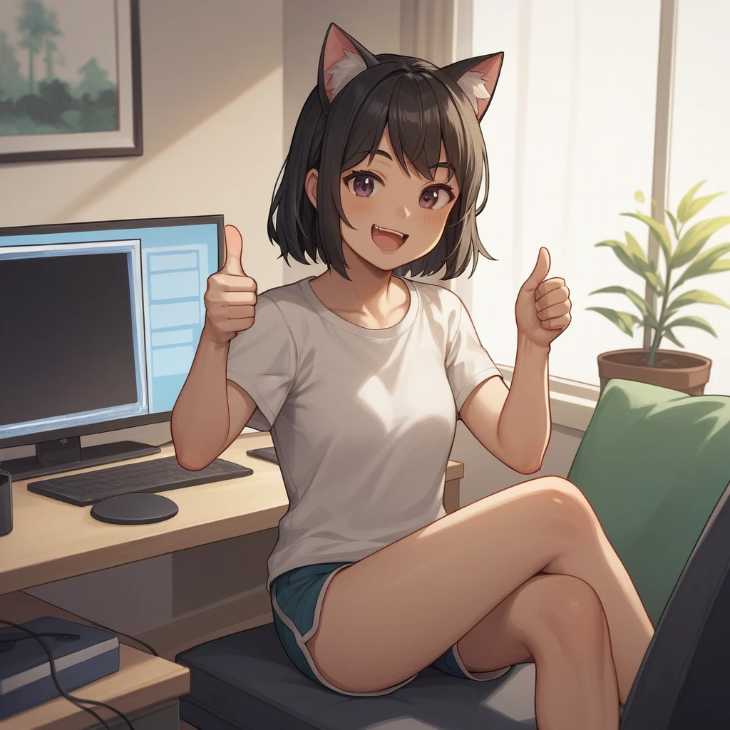 source_anime, score_9, score_8_up, BREAK a 1girl using a computer, cat ears, shirt, shorts, living room, thumbs up, smile open mouth