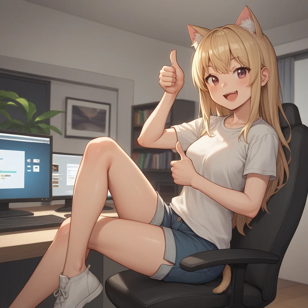 source_anime, score_9, score_8_up, BREAK a 1girl using a computer, cat ears, shirt, shorts, living room, thumbs up, smile open mouth