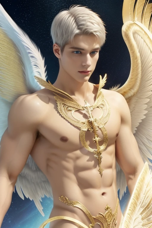 Full body shot (close-up:1.5),muscle,menstoga,in white and gold costume, male focus, solo, 1boy, (bare shoulders),looking at viewer, ice blue eyes,nude,(Seraphim:1.5), (multiple wings:1.5), in the sky, (floating:1.3), (midair:1.5), cloudan with wings), angel wings, glowing, bloom, platinum hair, outdoors, stars,golden feathers, (gold magic swirling),(Masculine face:1.2), half body shot