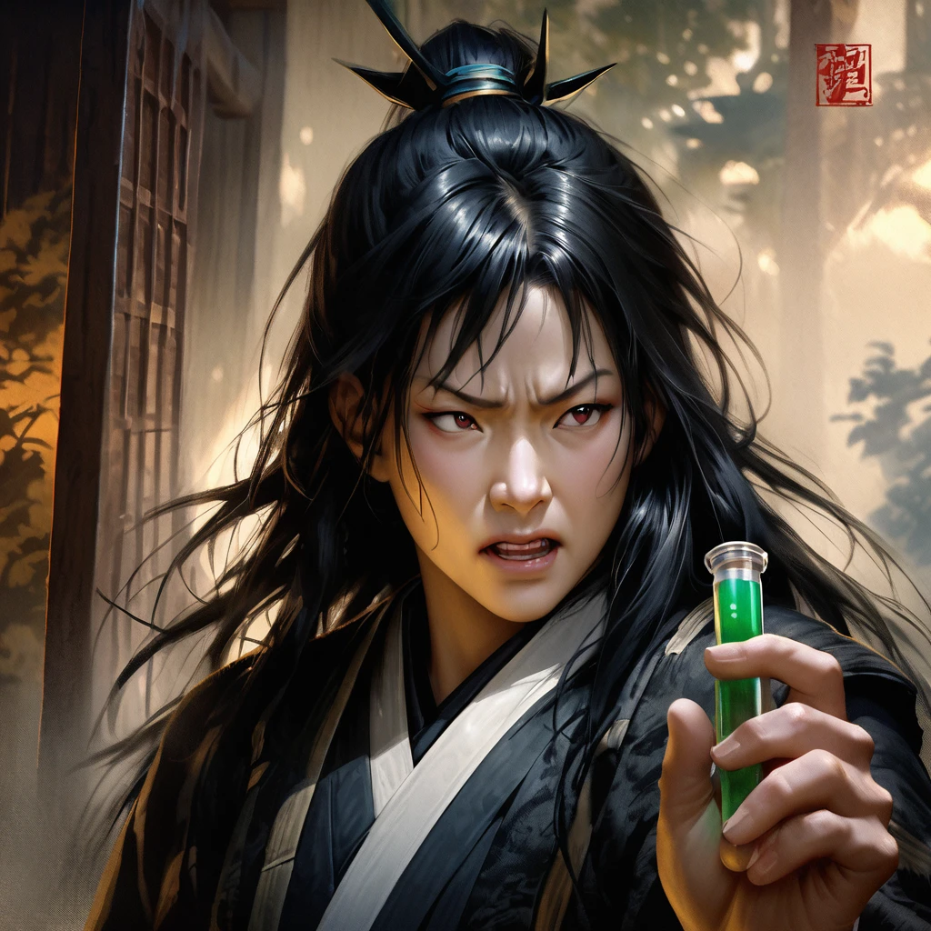 Date Masamune holding a small vial of poison, intense expression, dark and mysterious traditional Japanese setting, realistic style"