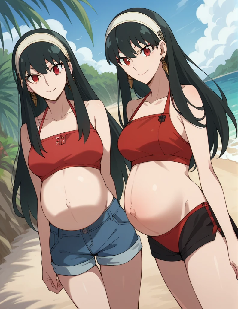 score_9, score_8_up, score_7_up, source_anime,
yorbriar, yor briar, black hair, red eyes, earrings, white hairband, hairband, long hair, sidelocks,
bare shoulders, red bikini, shorts, thighs,
Beach, smile,
looking at viewer, dutch angle, cowboy shot, pregnant 