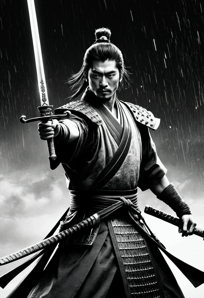 ((masterpiece))，(最high quality))，Vision，20 swords were hanging in the air，Sword Rain，Young Samurai，Infinite Sword System，Glow effect，Ultra-realistic，Ultra-photorealism，Chinese black and white ink style，Black and White，Decolorization，Dirt，ink，8k，Ultra-fine，high quality，OC Renderer