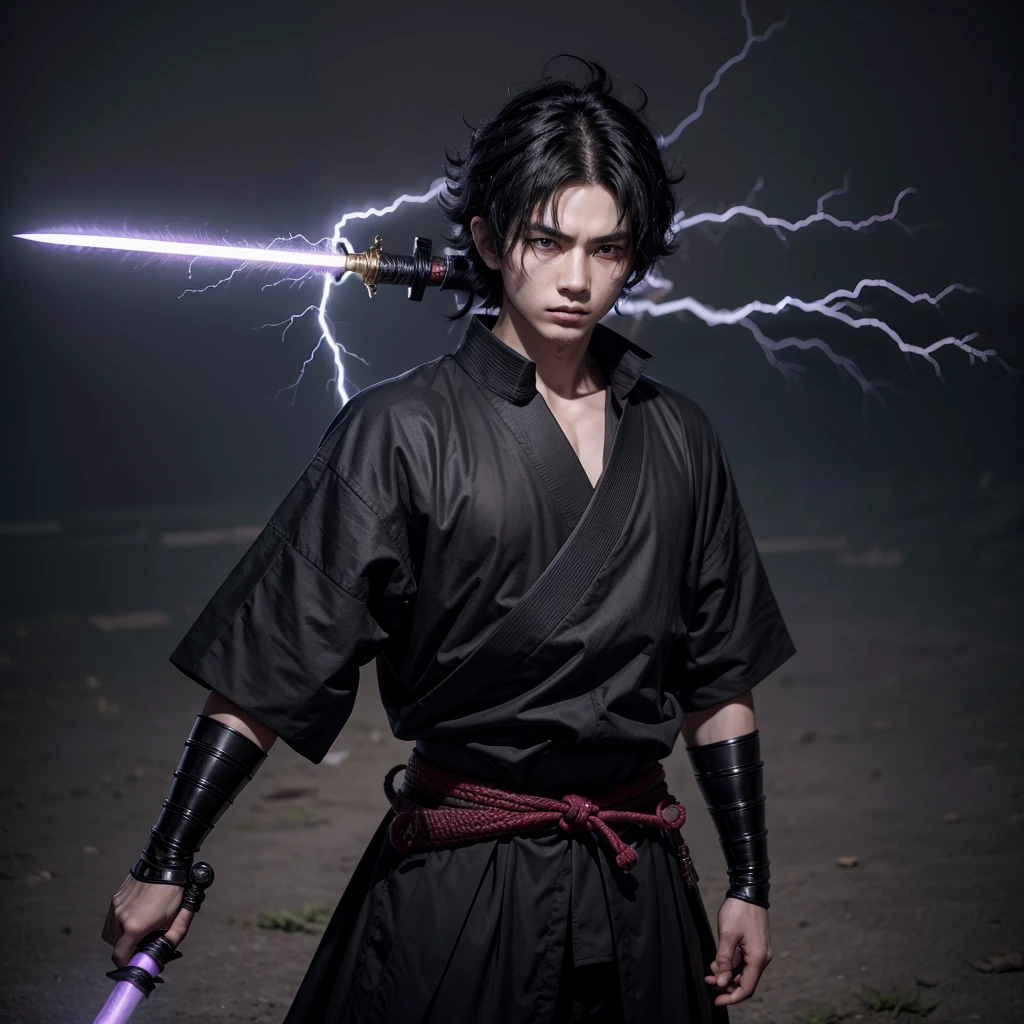 A boy, age 26, big hair, Bblack hair, Japanese, Samurai, black outfit with purple details, sword with lightning design, purple lightning, tied up hair, whole body, tired look, deep dark circles.