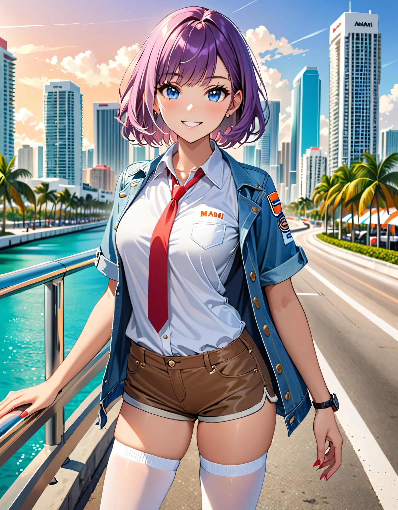 ((masterpiece)), ((best quality)), ((high res)), 1girl, bangs, blue eyes, perfect eyes, beautiful detailed eyes, beautiful detailed face, cute face, perfect legs, perfect arms, perfect hands, complete fingers, perfect ???????, perfect proportions, medium breasts, brown shorts, miami city backdrop, collared shirt, denim jacket, looking at viewer, red necktie, open clothes, outdoors, purple hair, shirt, shoes, short hair, short shorts, short sleeves, shorts, smile, sneakers, casual, smile, single, solo, solo focus, standing, thighhighs, white legwear, white shirt, full body with costume, :d