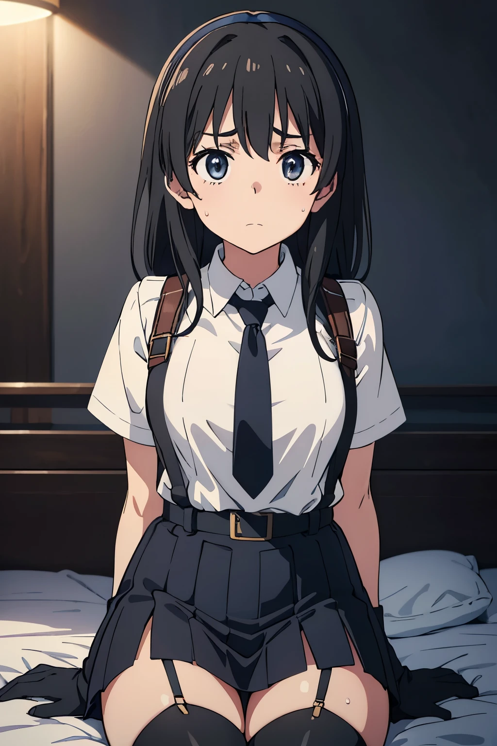 1 female, , high quality, masterpiece, Ultra-high resolution, , Cinema Lighting, , , And the suspenders with the cranes flying　　　Moderate breasts　 　 　　　　Large Breasts　 　 　　　　Small face　 　　　holster　　　　　　　 Lying in bed　Looking up　　　　Sweat 　　　belt　summer　脇Sweat 　Black Hole Gloves　suit　　　　 　garterbelt　Leg Links　ズボンにbelt　　holster　 　　Hands behind your back　 Anxious expression　Looking up　Anxious face　Knee-high　Knee socks　Knee-highソックス garterbelt　garter　ふとももにgarterbelt　Checkered mini skirt　Necktie Headband　ribbon