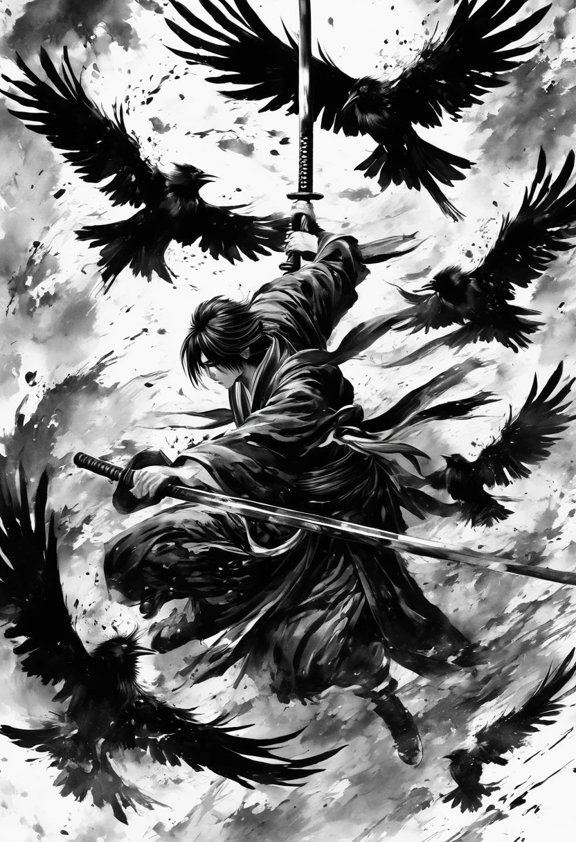 Ink Painting,Ink Painting,Black and white painting,splash,Upside down face,Anime Rurouni Kenshin,main character、Kenshin Ayamura,Black costume,(multiple crows:1.4),(Acrobatic pose,Detailed depiction of an intense sword-fighting scene:1.3),