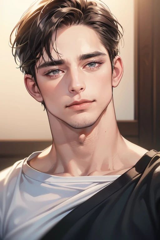(Best quality,4K,8K,a high resolution,masterpiece:1.2),ultra detailed,(realistic,photorealistic,photo-realistic:1.37),39 year old man,Beautiful anime,portraits,strong,masculine,dark hair,Sharp jawline,Mesmerizing eyes,Perfectly styled hair,confident expression,bright colors,dynamic lighting,Brown eyes,(Black T-shirt),(dark skin),((mature man, man 40 years old)), (square jaw)