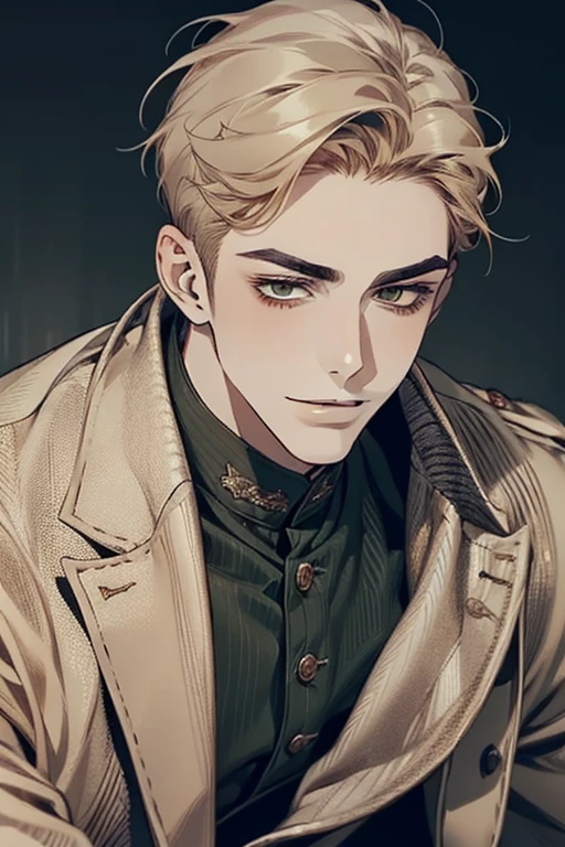 masterpiece, best quality, realistic, 1man, mature male, quiet and charming young man, 18 years old, smirk and look on the side, closed mouth, portrait, extremely detailed face, smirk, (dark green eyes), (short-side-swept sandy blonde hair)), [thick eyebrows], (detective clothing)