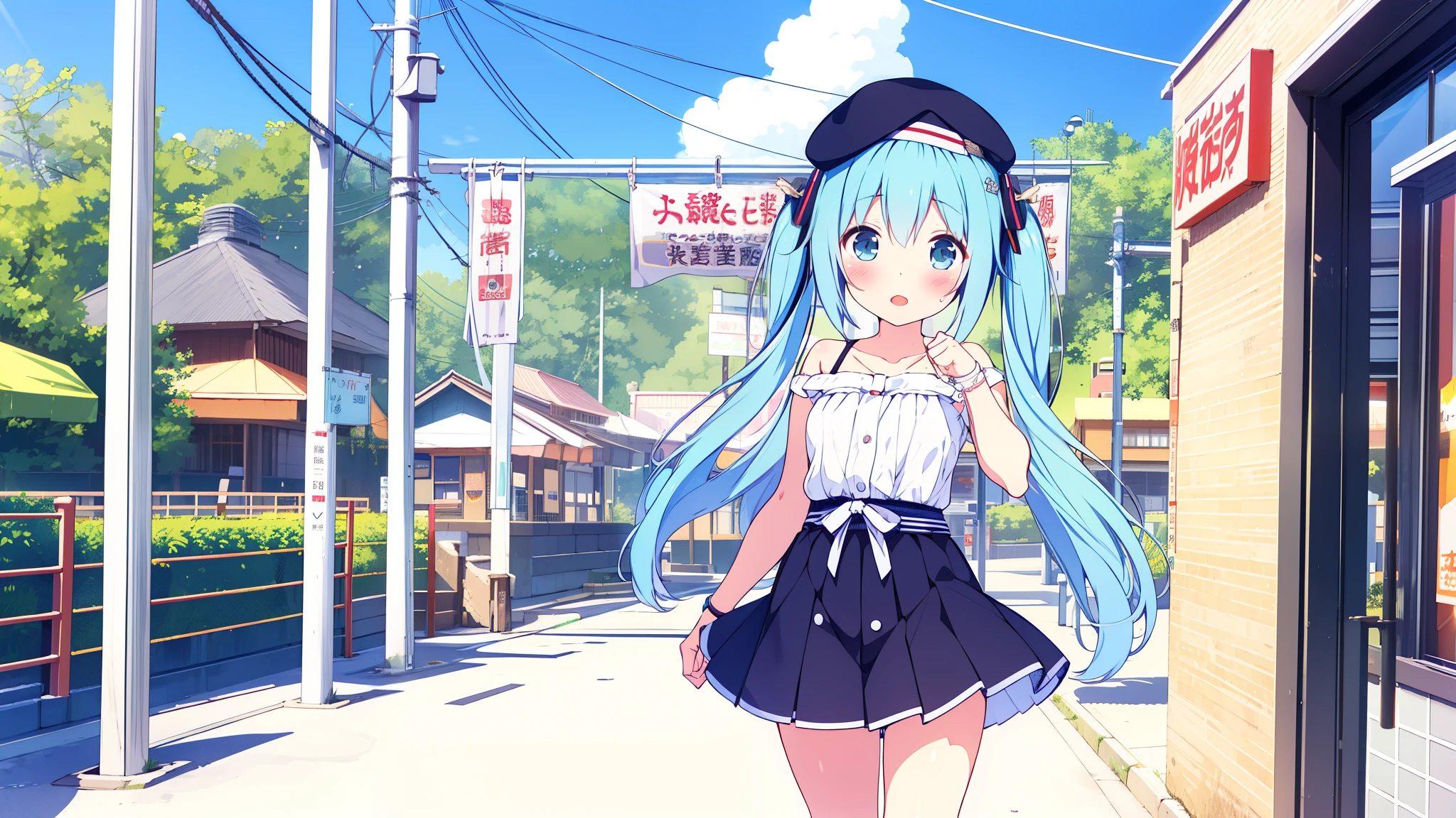 masterpiece、Superior image quality、超High resolution、Miku Hatsune、blue hairs、two-tailed、blush、mock、Open your mouth a little、casual clothes、casual miniskirt、Wearing a small beret、japanese amusement park 1 solo girl