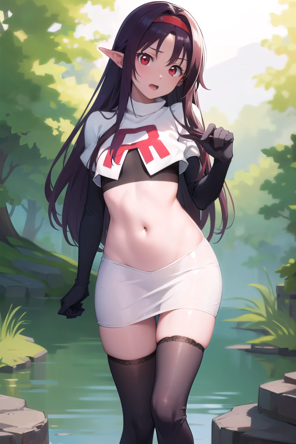 yuukikonno, yuuki konno, hairband, long hair, pointy ears, purple hair, (red eyes:1.5), (small breasts:1.2), open mouth,
BREAK team rocket,team rocket uniform,white skirt,red letter R,crop top,black thigh-highs,black elbow gloves,
BREAK looking at viewer,
BREAK outdoors, forest, nature,
BREAK (masterpiece:1.2), best quality, high resolution, unity 8k wallpaper, (illustration:0.8), (beautiful detailed eyes:1.6), extremely detailed face, perfect lighting, extremely detailed CG, (perfect hands, perfect anatomy),