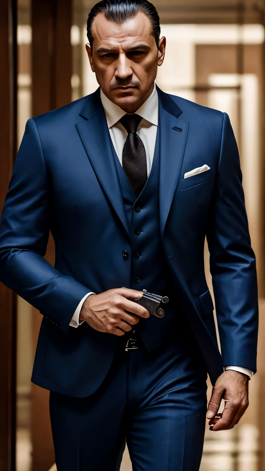 mafioso man, member of the mafia, wielding a weapon, segurando um revolver, with a tailored suit, wearing tailored suit, man has a scar on his face, high definition image, ultra detailed image, work of art, Godfather style.