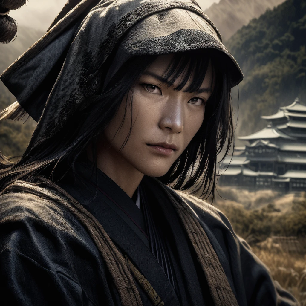 "Close-up of Date Masamune with poison vial, ominous atmosphere, historical Japanese backdrop, realistic art style"