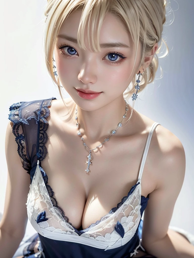 8k,Confused, High resolution, Very detailed, 1 girl, alone, Very beautiful eyes, Ultra-precise depiction, Artistic、Very detailed depiction, (Tangled:1.2), , (White high key background:1.5), (((Navy blue lace dress 1.5))), 、 short hair、Earrings and Necklaces、Platinum Blonde Hair, (Glowing Skin), Many colors, , (Shooting from above:1.2),、Flat Body、slim、cute、、Round face、Cast a Shadow、、Smile 1.3