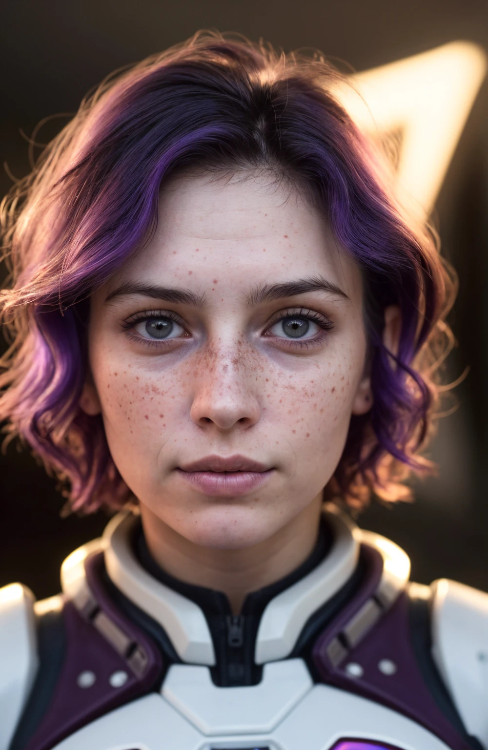 (Close-up, editorial photograph of a 21 year old woman), (highly detailed face:1.4) (smile:0.7) (background inside dark, moody, private study:1.3) POV, by lee jeffries, nikon d850, film stock photograph ,4 kodak portra 400 ,camera f1.6 lens ,rich colors, hyper realistic ,lifelike texture, dramatic lighting , cinestill 800, wavy hair, messy hair, short hair, Serious smirk, Purple hair, Purple Eyes, freckles, White Skin, Halo Suit, Sci Fi, Cyberpunk, Futurism, Mass Effect, Astral Plane, European expressions, European woman, European skin, Athletic body, selfie
