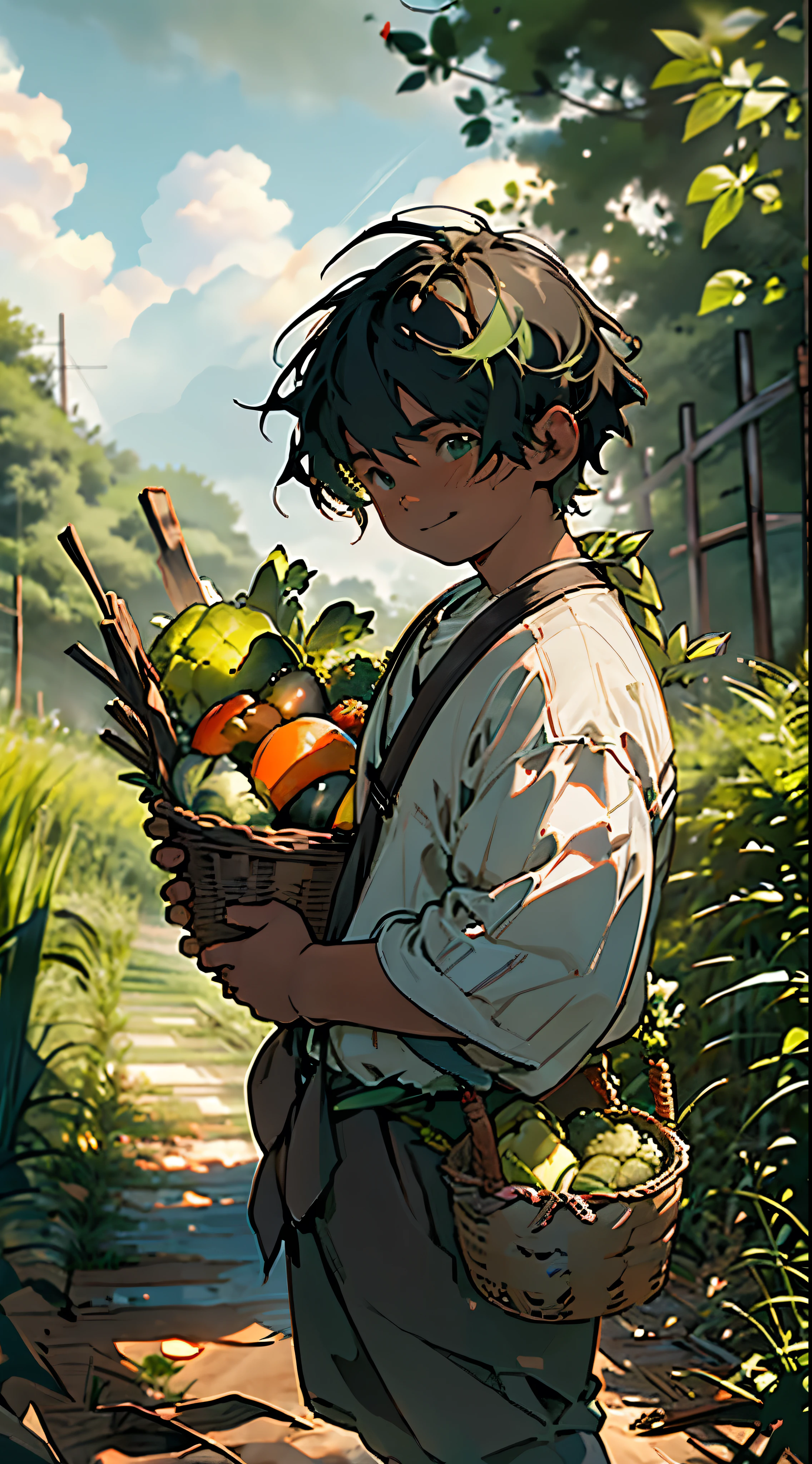 Man working in the fields, Holding a basket full of vegetables, smile, Green and orange gradient hair、, cinematic lighting, UHD, high details, highres, best quality, 8k