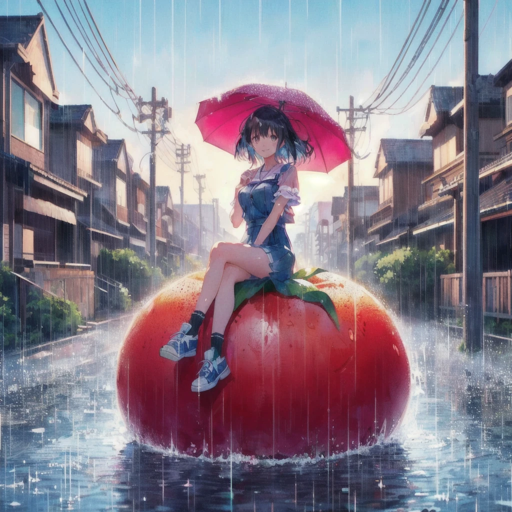 Anime girl sitting on a giant tomato in the rain, smile,Tomato Monster, シリル・ロランドとGoro Fujita, Realistic Anime 3D Style, Kuvisiato, Great food illustrations, 80s anime style,Ghibli art style, 3D spectacular illustration, Japanese manga style, Goro Fujita, Makoto Shinkai Cyril Rolland, Anime 3D Art