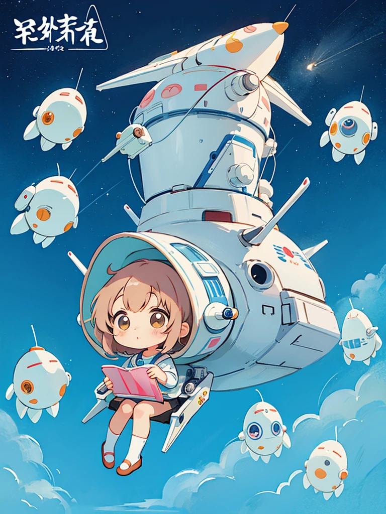 hayao miyazaki style, Kawaii Design, The most beautiful girl of all time、chibi, (((Cute spaceship))) ,