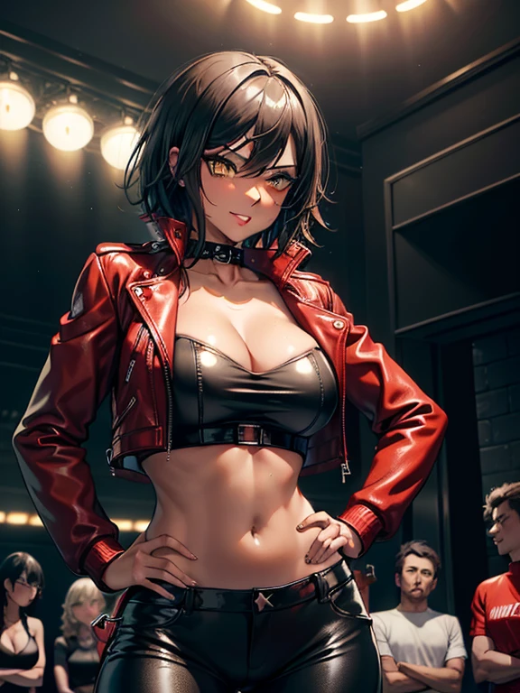 (masterpiece, best quality), 1girl, 26 year old woman, tan-bronze skin, yellow eyes, medium breasts, hourglass figure, athletic, blushing, snarky expression, she's adventitious and thrilled, wide smile, short hair, black hair, bangs, mascara, red lipstick, ((Wearing red biker jacket, cropped red leather jacket, strapless red top, black leather pants), tight fitting clothing, cleavage, midriff, at rave, nightclub, heavy makeup, kissable lips, punk, punk style, punk hair, dancing,