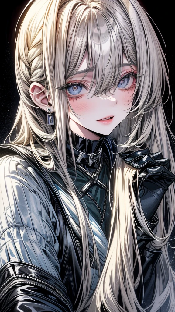 One Beautiful girl、unique long hairstyle 、blonde hair color , emerald eyes、small face、anime makeup、"A girl with a cute and androgynous face"、white skin、cute eyes、Very thin eyebrows、tall、stylish black luxury fashion、stylish outfits 、、19 years old、British girl、Has a languid look、anger、Lower the corners of your mouth with no expression on your face、Photographed from the side diagonally、model photoshoot、masterpiece、highest quality、high resolution、luxurious 、glaring expression、korean makeup 、Cool photos、blurred black filter, black suit , arms tattoos、Various poses、rich , handsome girl, an expression of despair, lifeless eyes , cruch