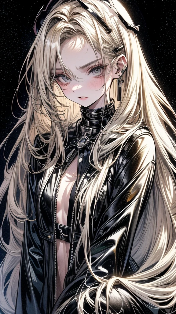 One Beautiful girl、unique long hairstyle 、blonde hair color , emerald eyes、small face、anime makeup、"A girl with a cute and androgynous face"、white skin、cute eyes、Very thin eyebrows、tall、stylish black luxury fashion、stylish outfits 、、19 years old、British girl、Has a languid look、anger、Lower the corners of your mouth with no expression on your face、Photographed from the side diagonally、model photoshoot、masterpiece、highest quality、high resolution、luxurious 、glaring expression、korean makeup 、Cool photos、blurred black filter, black suit , arms tattoos、Various poses、rich , handsome girl, an expression of despair, lifeless eyes , cruch