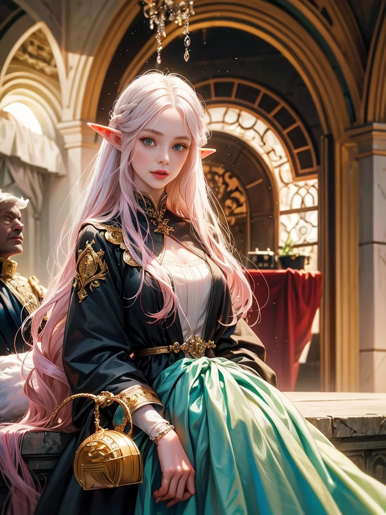 The girl elf,has a beautiful white eyes, .Has long white hair , The man has pink hair, with green eyes,She looks at the viewer