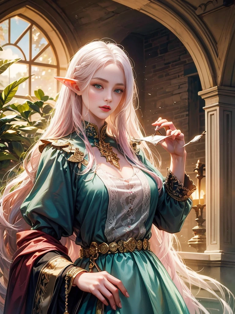 The girl elf,has a beautiful white eyes, .Has long white hair , The man has pink hair, with green eyes,She looks at the viewer