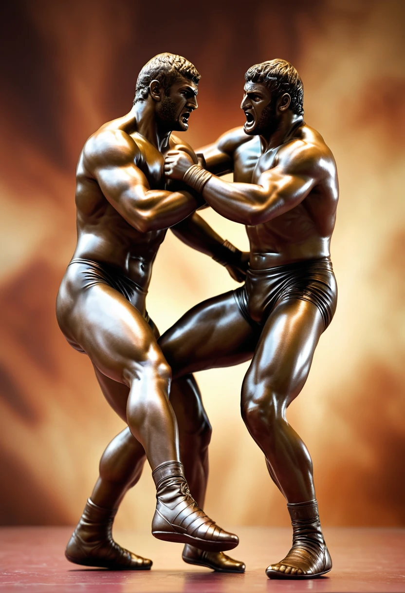 photorealistic a bronze statue of 2wrestlers  Greco-Roman style, iconic wrestling stance(wrestling:1.0), best quality, glowing surfaces, blurry edges, stunning movement tansition background UHD, super detailed 