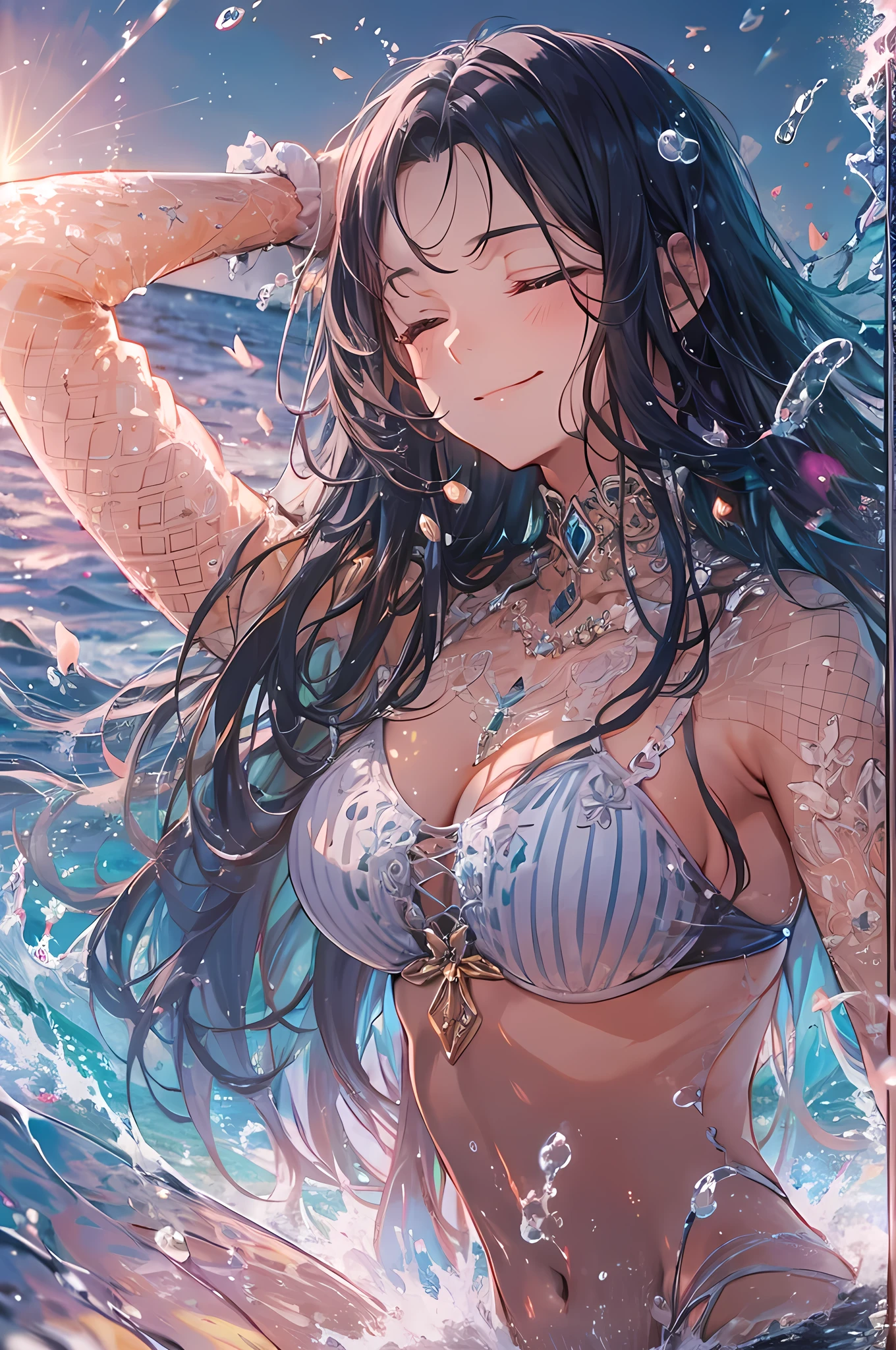 8k,ultra-detailed,HDR,vivid colors,bokeh,soft lighting,upper body,close-up,1 girl,long black hair,small breasts,smile,closed eyes,closed mouth,detailed eyes,detailed face,long eyelashes,shiny skin,bikini,rised arms,open hands,splashing,detailed water,ocean,sun light