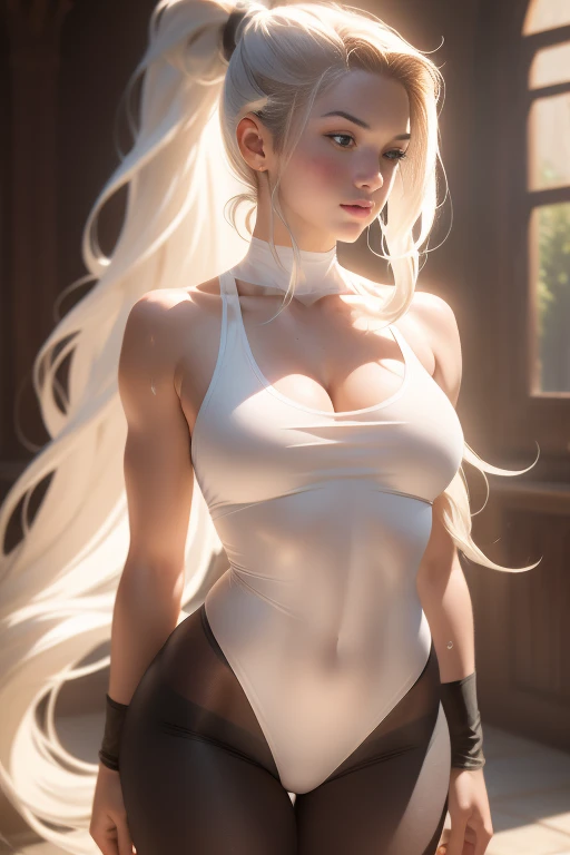 (One Girl, 18-year-old),Mid-chest,White women, Semi-long hair,Sweaty skin, ponytail, beauty, Ultra-realistic, Ultra-realistic, 4K, Unreal Engine, Film Grain, Perfect Face, Full Body Shot, Thin thighs,Transparent pantyhose