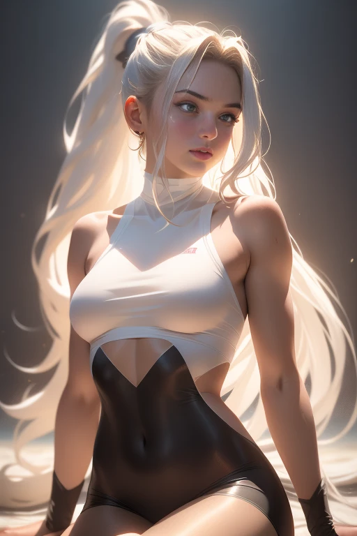(One Girl, 18-year-old),Mid-chest,White women, Semi-long hair,Sweaty skin, ponytail, beauty, Ultra-realistic, Ultra-realistic, 4K, Unreal Engine, Film Grain, Perfect Face, Full Body Shot, Thin thighs,Transparent pantyhose